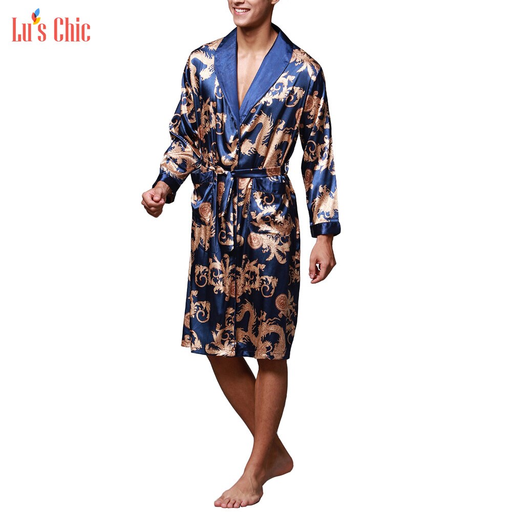 Lu's smarte mænd satin kimono kåbe langærmet silke badekåbe luksuriøse badekåber husfrakke nattøj: Kongeblå / Xxxl