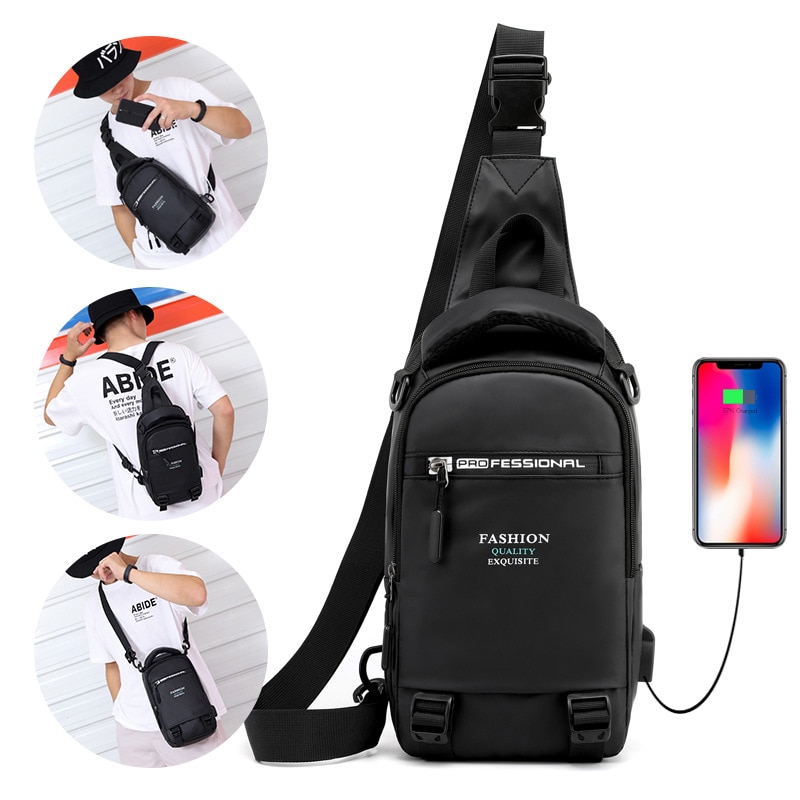 Sacs de poitrine de mâle en Nylon sac à dos sac à dos avec Port de charge USB petits hommes fronde sac à dos sac à dos