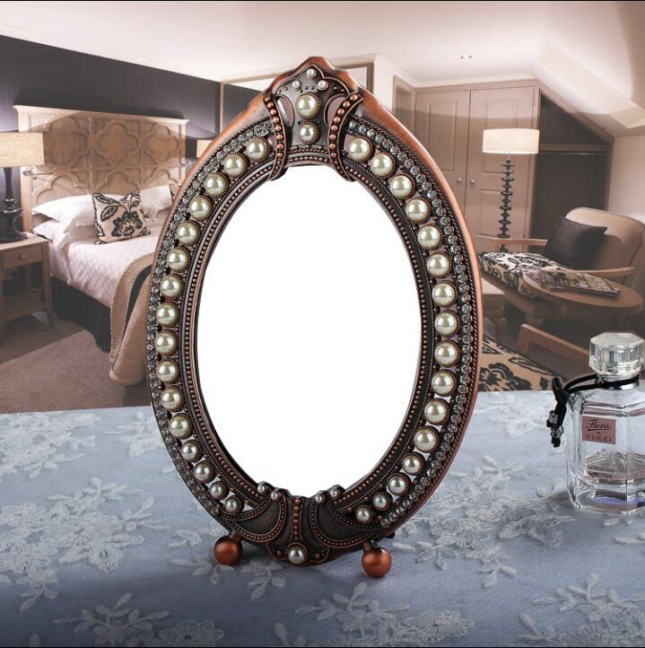 Espelho de mesa de estilo europeu jóias em relevo pérola-inlayed espelho decorativo metal quadro mesa espelhos decorativos 336a