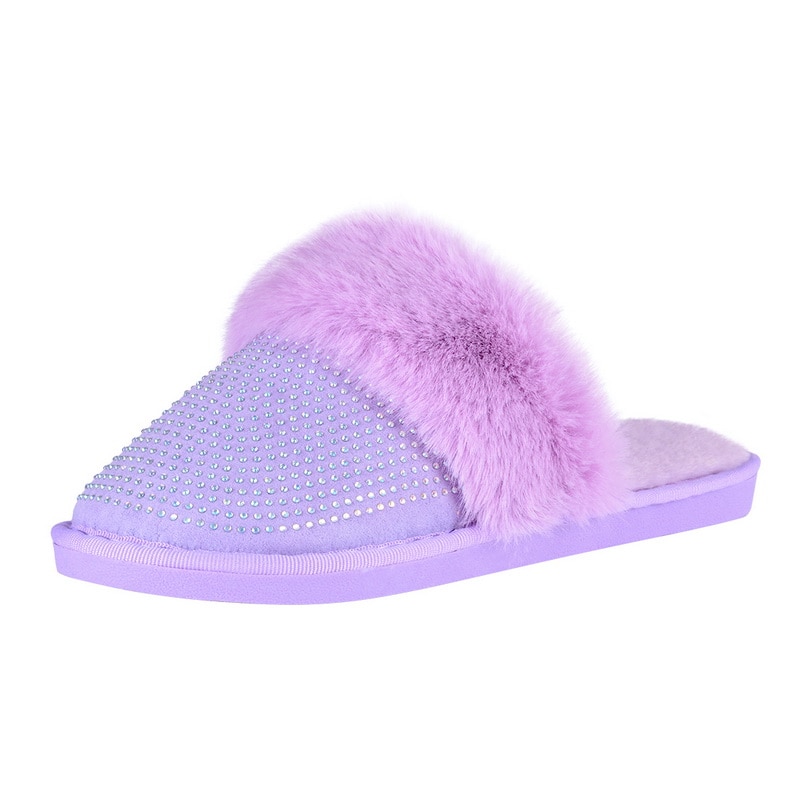 Winter Bling Bont Slippers Vrouwen Warm Meisjes Huis Slippers Slaapkamer Schoenen Kristal Indoor Zapatilla Mujer: Purple / 36-37