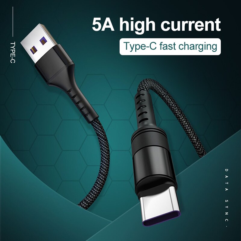 5A Type C Usb C Lader Kabel Voor Huawei Samsung Xiaomi 1 M Quick Lading Snel Opladen Wire Cord Mobiele telefoon USB-C Charger