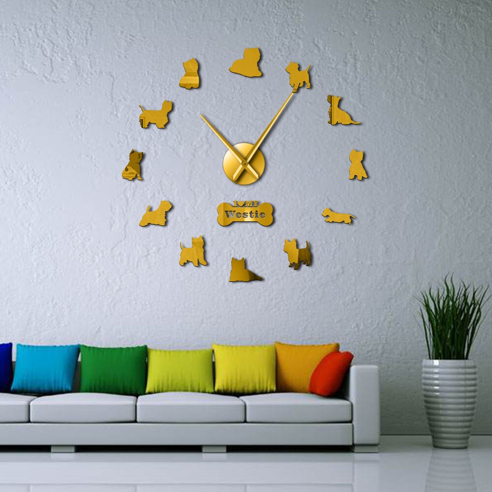 West Highland White Terrier-Reloj de pared gigante, bricolaje, efecto espejo, arte de pared acrílico, perro mascota, amo a mi Westie, reloj de pared de manos largas
