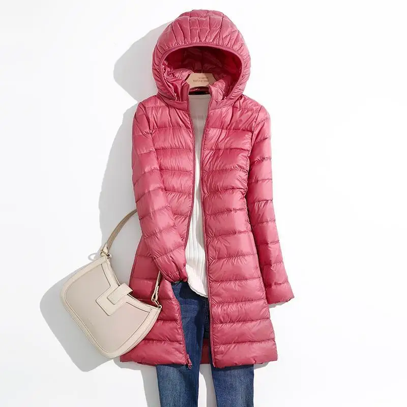 Chaqueta acolchada larga ultraligera y plegable para mujer, abrigo ajustado coreano con capucha, talla grande 5xl 6xl 7xl, otoño e invierno: XL / Rosa
