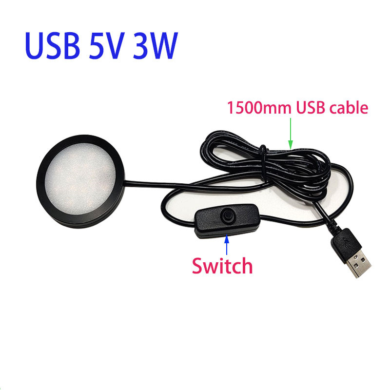 USB 5V LED Strahler 3W Ultradünne Schrank-Minilampe mit Schalter-Anzeige, Schmuck-Deckenstrahler mit 3M-Aufkleber für Höhle Innenbereich