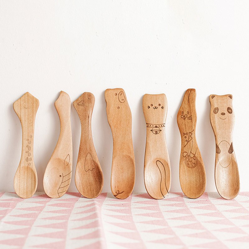 Cuillère en bois pour enfants, dessin animé mignon cuillère à café thé soupe cuillères à remuer Dessert couverts à miel enfants outils de cuisine, vaisselle