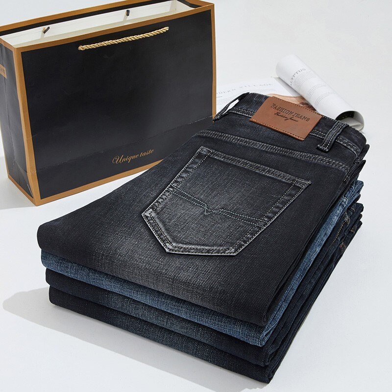 Herfst klassieke stijl zwarte stretch jeans heren business casual katoenen slim-fit denim broek heren merk broeken