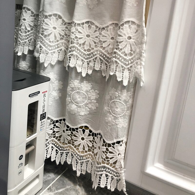 Cortinas cortas de café y flores blancas para cocina cortina corta de mitad de encaje para ventana, decoración de pared, cortina para puerta, QT042 y 20