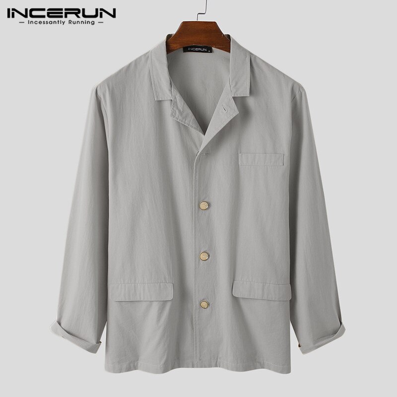 Incerun Mannen Casual Blazers Katoen Vlakte Streetwear Revers Bovenkleding Enkele Breasted Lange Mouwen Chic Mannen Leisure Suits 5XL
