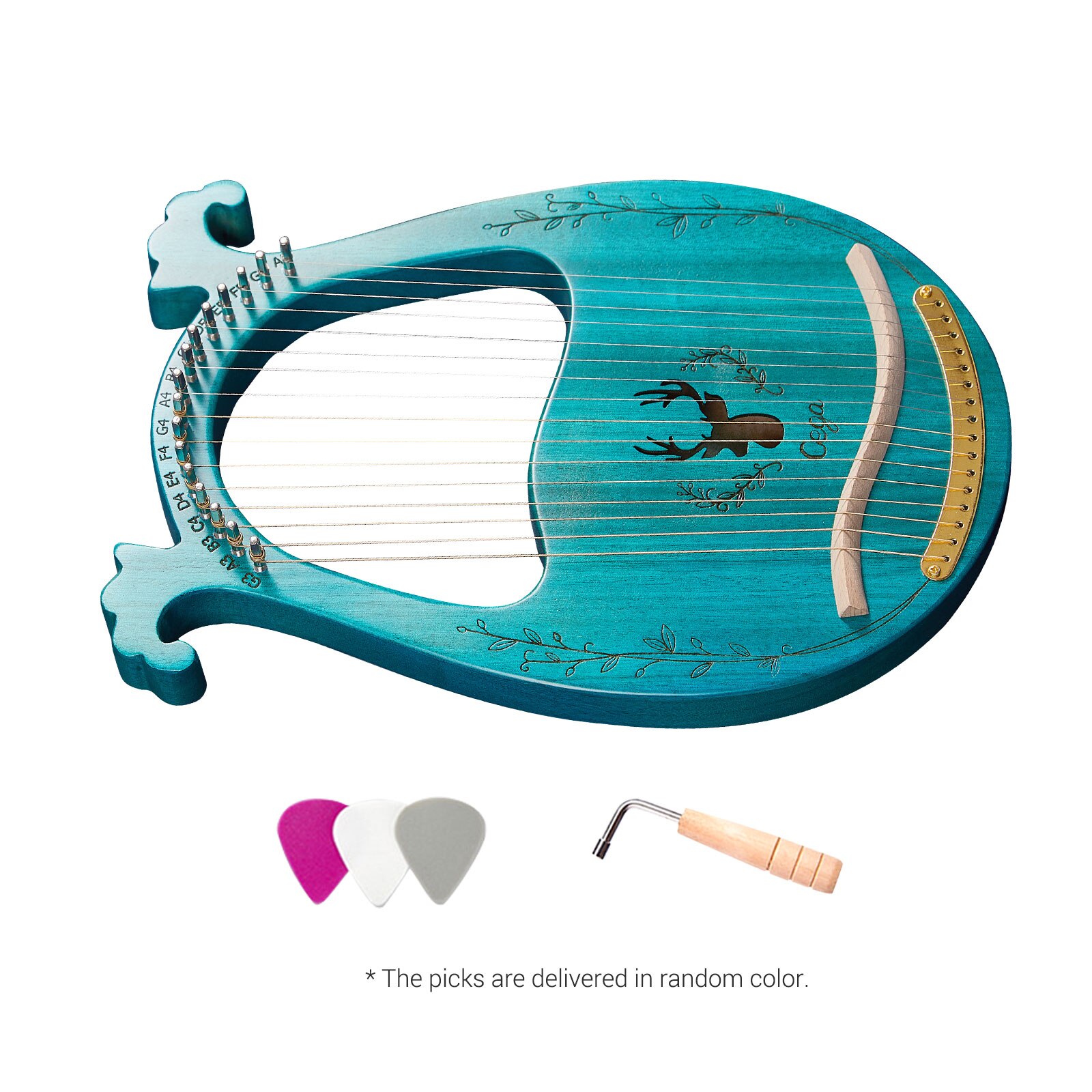 16-- snarige houten lier, harp, klankkast, snaarinstrument met stemsleutel, 3 stuks plectrums, snaarinstrumenten