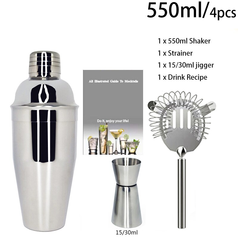 Stainless Steel 550ml/450ml/600ml/750ml Shaker Cup With Measuring Cup Cocktail Shaker Set Cocktail Kit Bar Tools Stand Recipe: 4Pc 550ml