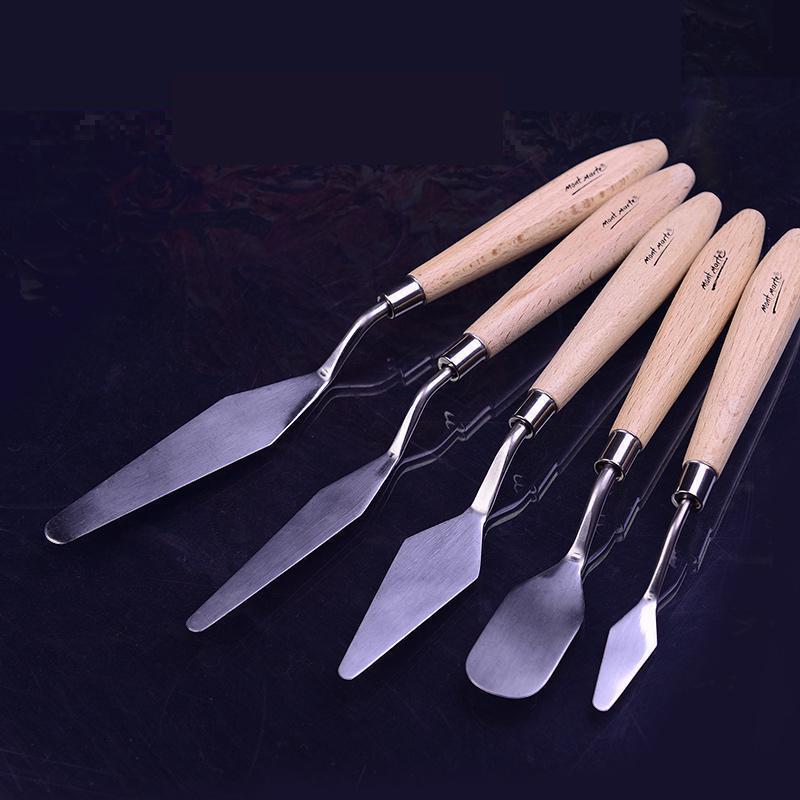 5pcs set Stainless Steel Palette Scraper Set Spatula Knives Painting Knife Blade Wooden Handle Artist Oil Painting Tools