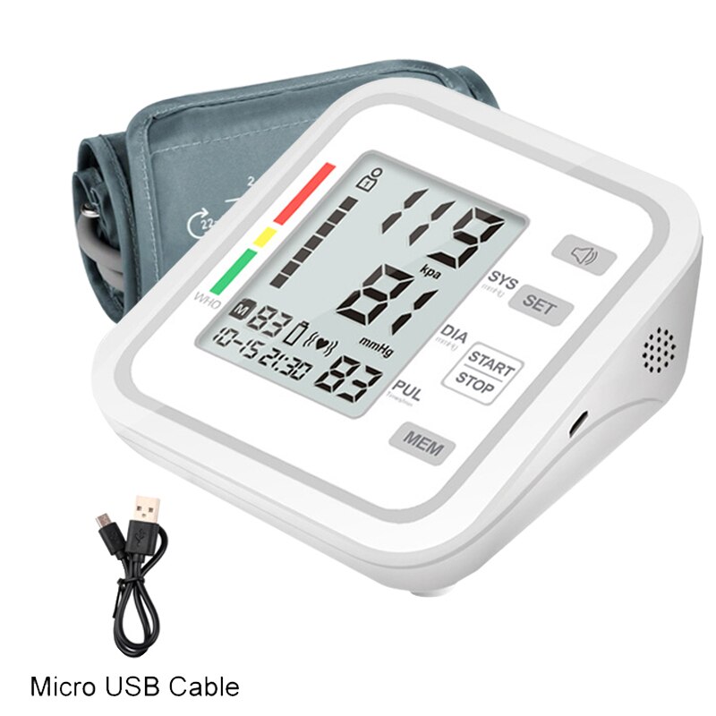 Digital Automatic Blood Pressure Monitor Upper Arm Automatic Cuff BP Machine &amp; Pulse Rate Monitoring Meter,Large LCD Display: NO SOUND(USB Cable)