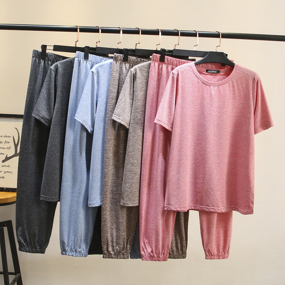 Kvinder sommer hjemmetøj dame todelt sæt ensfarvet kvindelig t-shirt + bukser plus størrelse kvinders sove & lounge  f11-3020