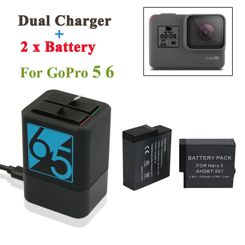 2Pcs 1220Mah Go Pro Batterij + Dual Charger Seat Dubbele Lading Voor Gopro Hero 5 Hero 6 7 8 Zwart Gopro Camera Accessoires