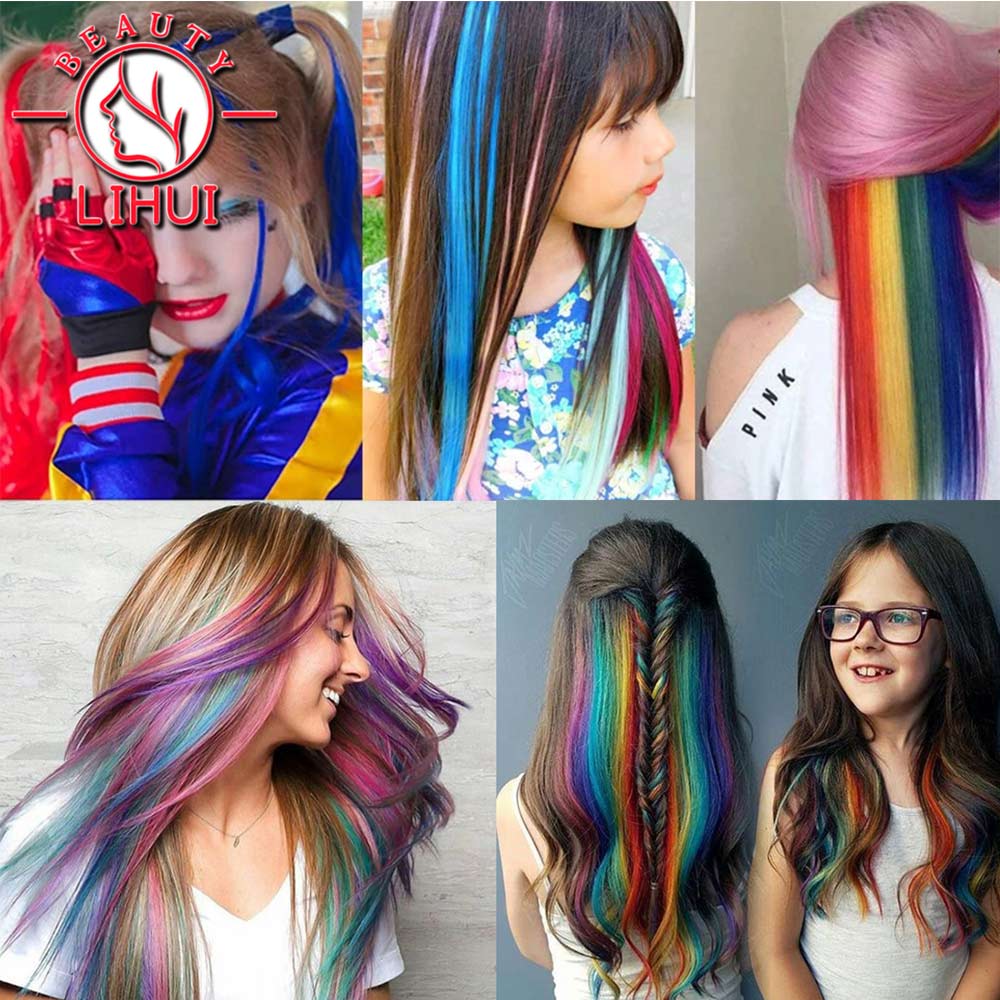 LIHUI-extensiones de cabello sintético para mujer, mechones de pelo largo y liso, con Clip, para resaltar, Color arcoíris, Color rosa