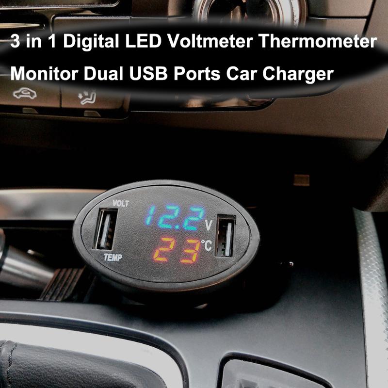 3in1 Voltage Gauge Sigarettenaansteker Accessoire Digitale LED Auto Voltmeter Thermometer Auto USB Lader 12 V/24 V Temperatuur meter