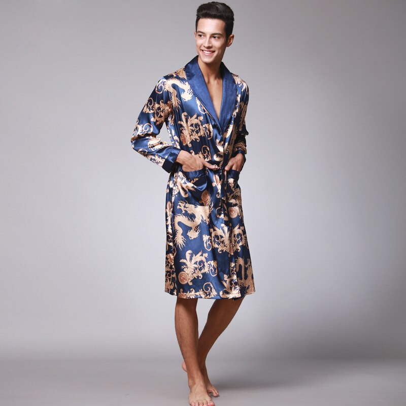 Heren zijden zomer en herfst satijnen kimono badjas gouden draak knielengte lange mouw zwarte badjas kamerjas nachtkleding: Blauw / Ik