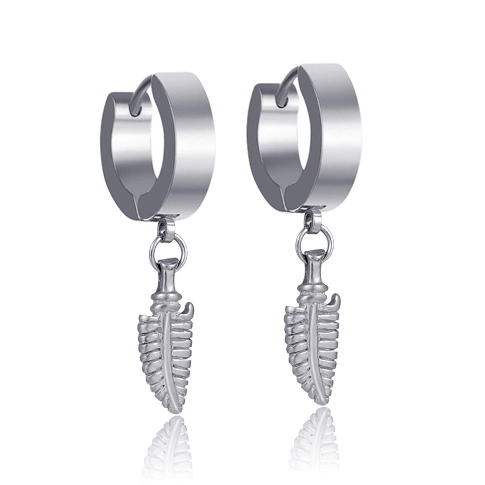 6 Style 316L Stainless Steel Dangle Round Cross Leaf Earring for Men Women Cool Punk Eboy Stud Earring Set: Style F Silver