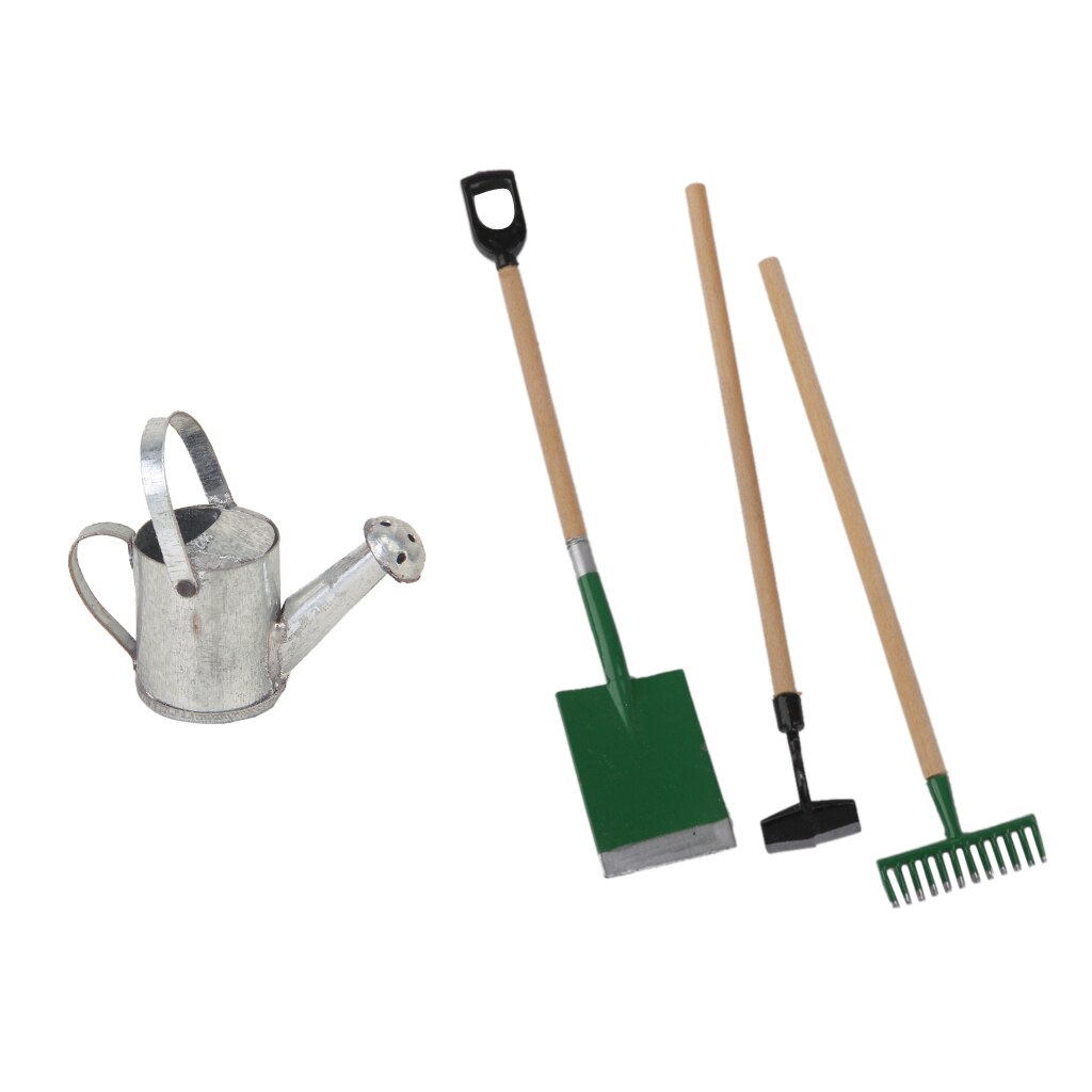 3 Pieces Garden Tools +Tin Metal Watering Can for 1/2 Doll House Miniatures Accessories