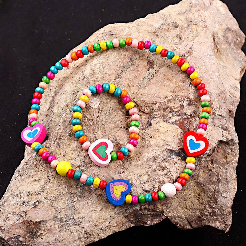 TopHanqi Sveglio Del Cuore di amore Set di gioielli per bambini per le ragazze Colorate di Legno Borda il Braccialetto Della Collana Set di Gioielli Per Bambini Bambini regalo 2020