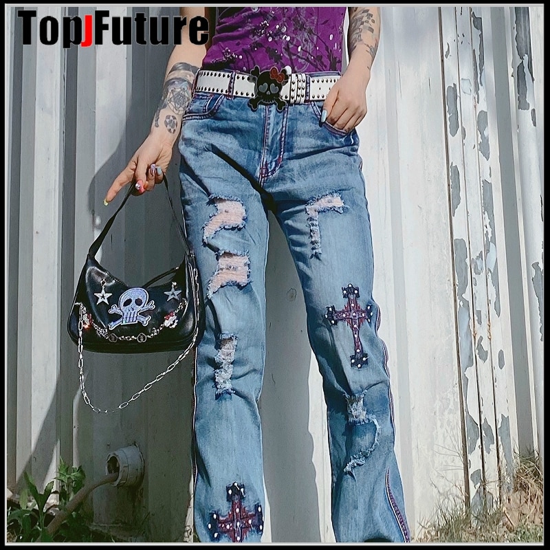 Women Girl boy men cross old shabby worn-out dilapidated HIP HOP Harajuku chain trousers pants jeans Gothic Lolita pants jeans