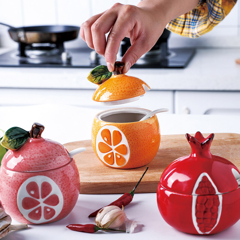 Botella creativa de cerámica para condimentos, recipiente de almacenamiento con forma de melón y fruta, suministros de Decoración de cocina, Bol de azúcar con tapa y cuchara