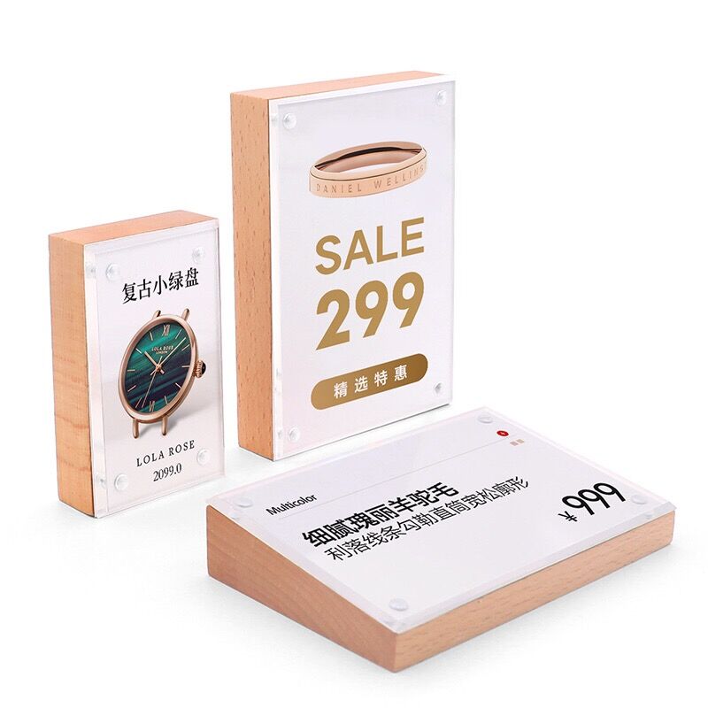 Magnetic Tabletop Wood Block Menu Holder Display Stand Counter Acrylic Picture Photo Frame Price Label Holder
