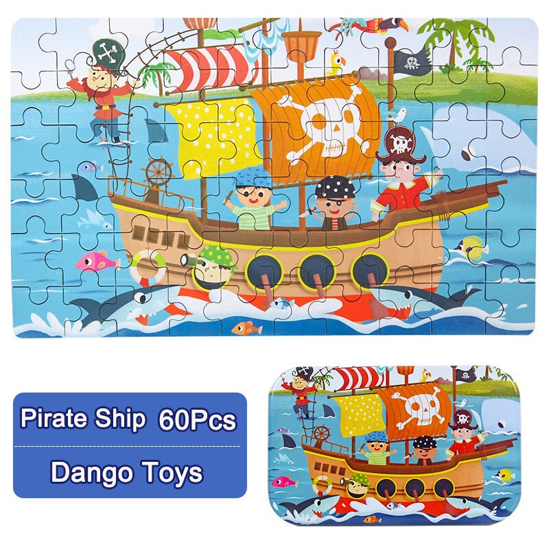 60 houten puzzels, cognitief educatief speelgoed voor kinderen met opbergruimte, blikken doos, kinderen, bezig met bord, houten speelgoed, kerstspelletjes: Piratenschip