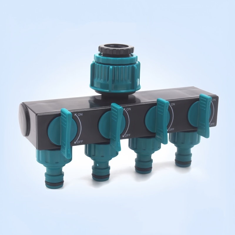 4- vägs slangkoppling, trädgårdsbevattning, vattendelare, 3/4 " och 1/2 " bevattningskopplingar, ventil, vattenfördelare