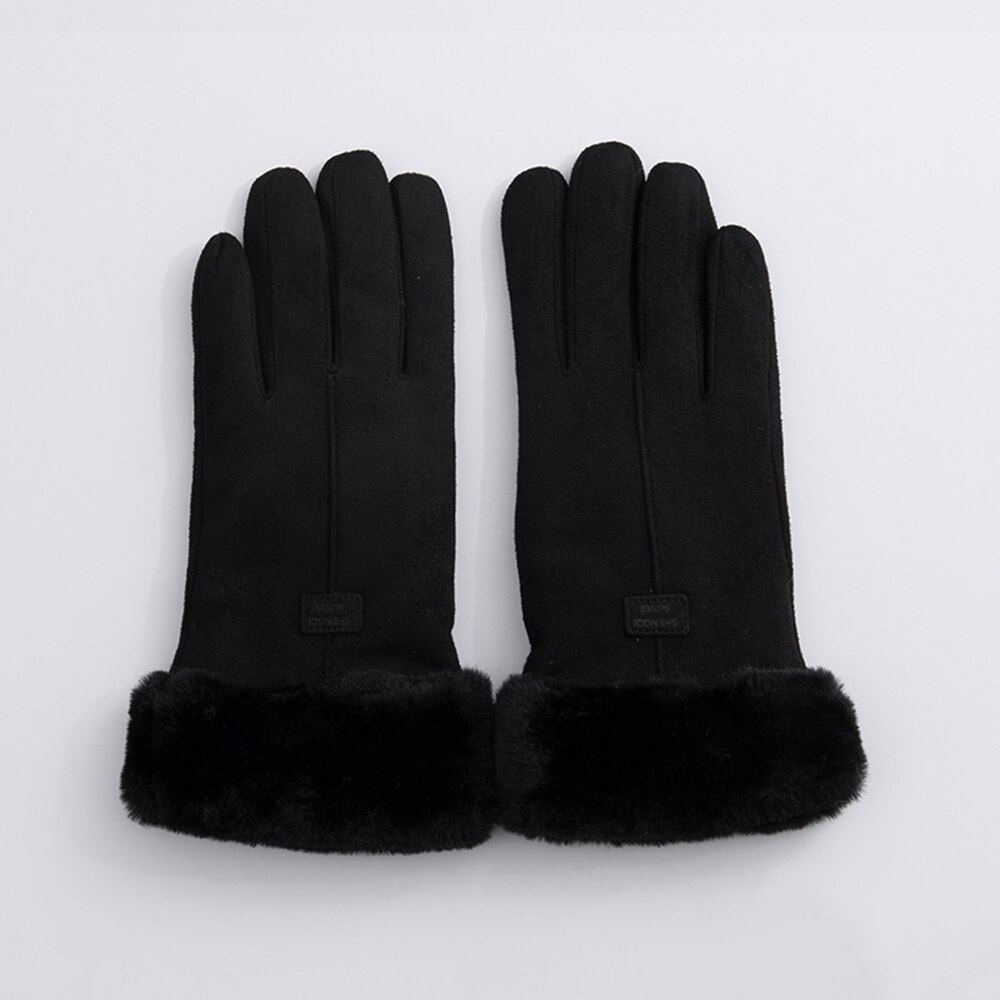 Female Winter Lace Warm Cashmere Cute Mittens Suede Leather Double Thicken Plush Full Finger Wrist Touch Screen Driving Gloves: black
