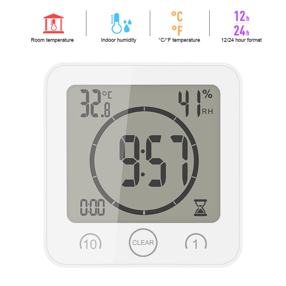 1-10 Minuten Countdown Waterdichte Digitale Lcd Display Wandklok Met Ondersteuning Sucker Thermometer Hygrometer Voor Badkamer: WHITE