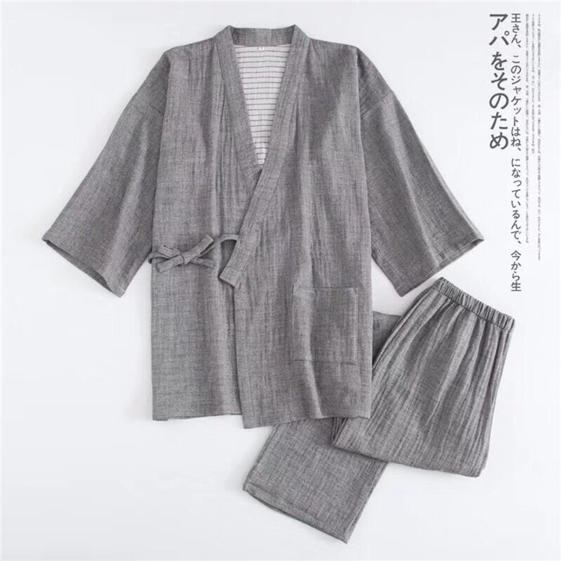 Japanske par kimonokåber mænd og kvinder pyjamasæt 100%  crepe bomuldsdragt mandlige sauna gaze bomuldsdragt passer til mænd: Mænd grå / L