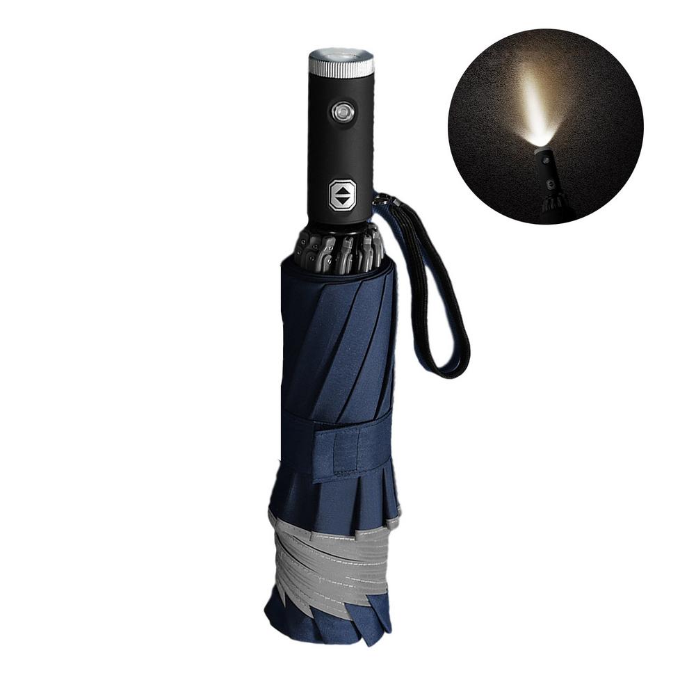 Automatic Reverse Folding Umbrella LED Reflective Strip Automatic Umbrella Flashlight Three-fold Windproof Car Business Umbrella: Navy