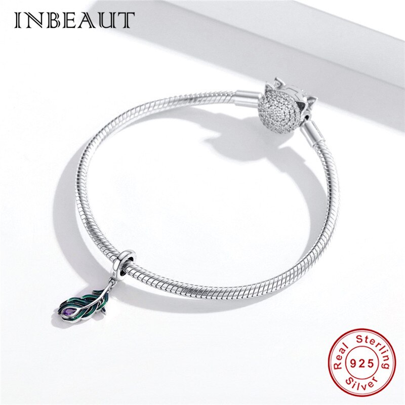 INBEAUT Bunte pfau feder 925 sterling silber original anhänger fit armband oder halskette emaille charme DIY hohe schmuck