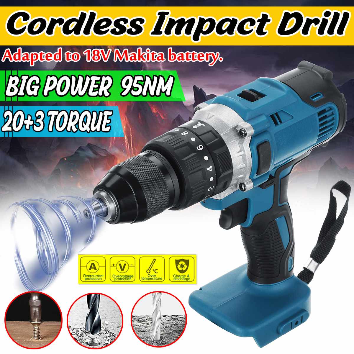 18V 3 in 1 Electric Cordless Impact Drill 13mm 95NM Rechargable Electric Screwdriver Hammer Drill for Makita Battery Power Tool