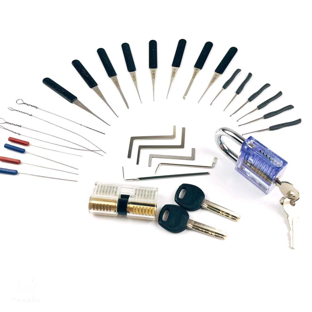 ! 2PCS Transparent Lock with 14pcs Broken Key Extractor Pick Set,2pcs Tension Wrench Tool Locksmith Kit