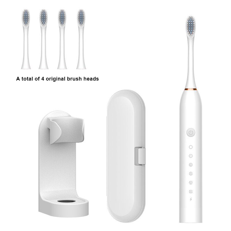 Sonic Electric Toothbrush Ultrasonic Automatic USB Rechargeable IPX7 Waterproof Whitening Teeth Tooth Brush Head Holder Adult: white 4 head set