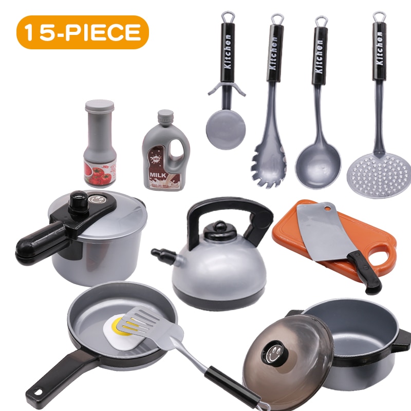 Bambini Cucina Giocattolo In Miniatura Set Giochi Di Imitazione Simulazione Cibo Pentolame E Utensili Per Cucinare Pentola Padella di Cottura Utensili della Casa del Gioco Giocattolo Per Bambini Regalo: 15pcs grey