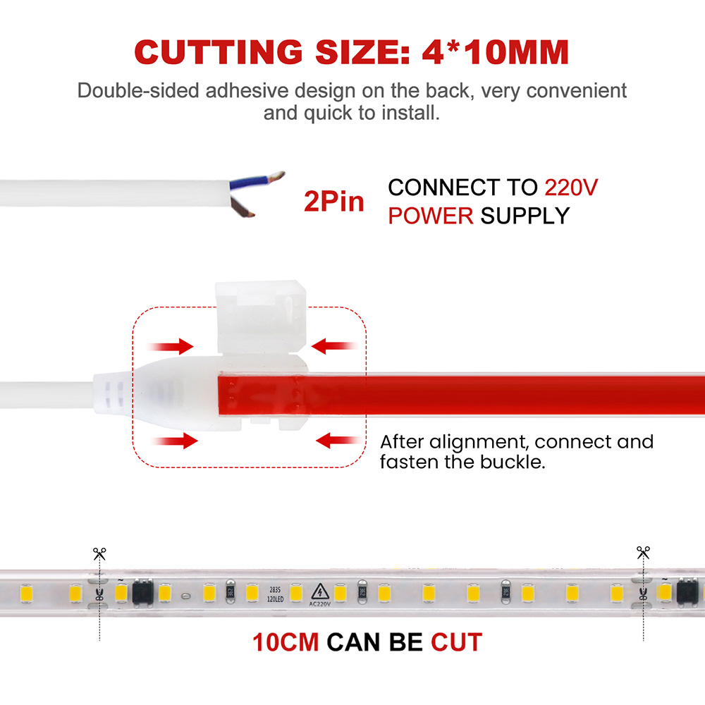 Ac 2835 led-strimler 220v 230v 0.5m 1m 2m 5m 10m 20m 30m høj lysstyrke 120 led fleksibel led-diode klæbebånd vandtæt