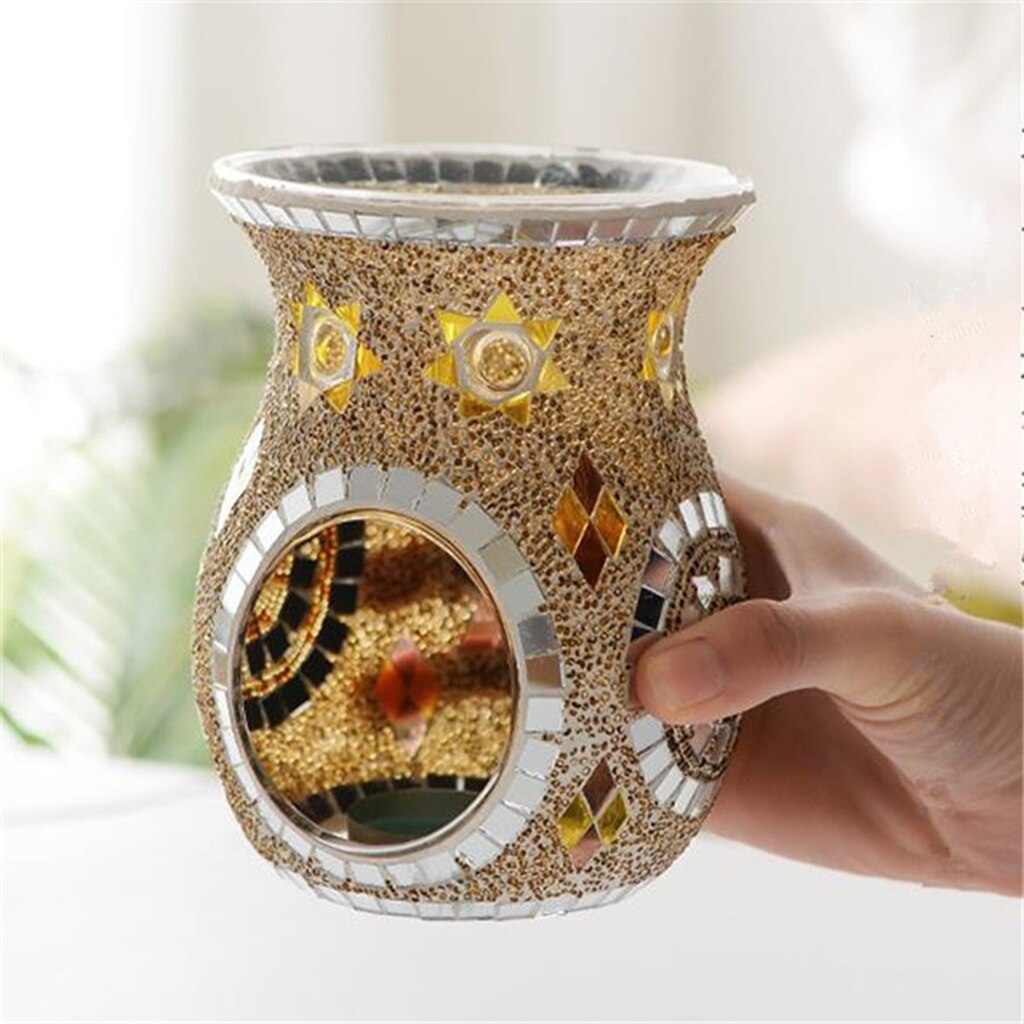 Mosaic Glass Oil Burner Candle Holders, Tea Night Light Holders Handmade Artwork for Home Decor Party Decorations: Silver