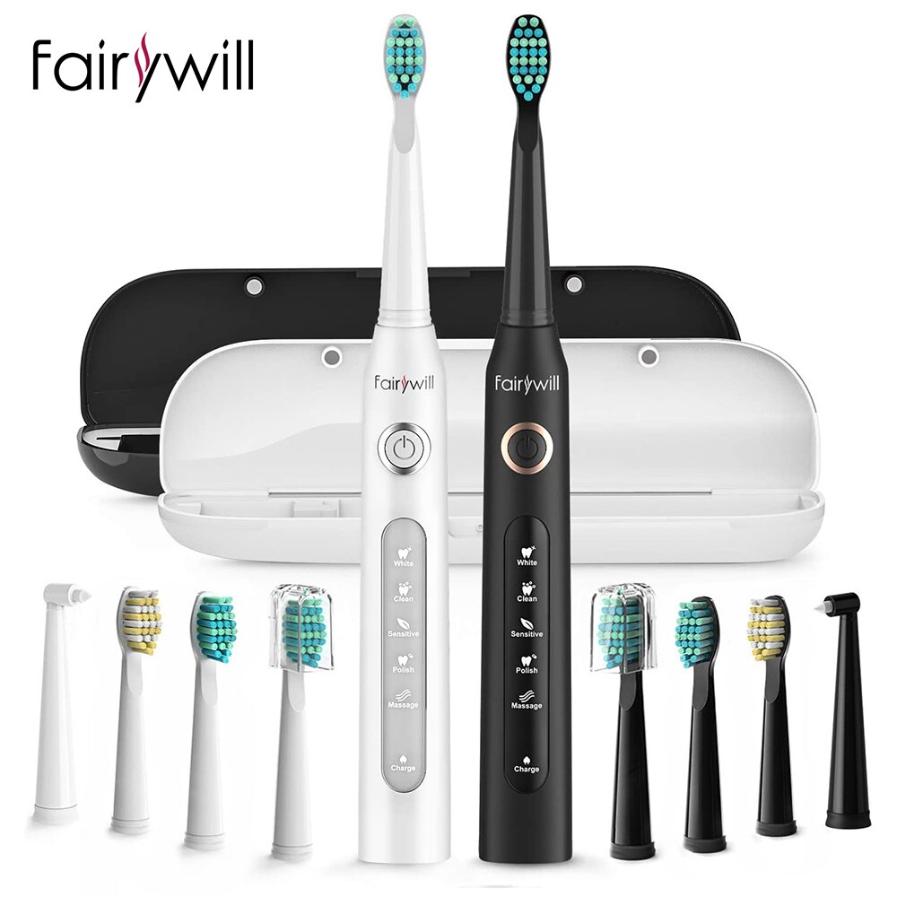 Fairywill FW-507 Electric Sonic Toothbrush Waterproof USB Charge Rechargeable Adult Electronic Tooth 8 Brushes Replacement Heads: FW-507-420-BW-Set