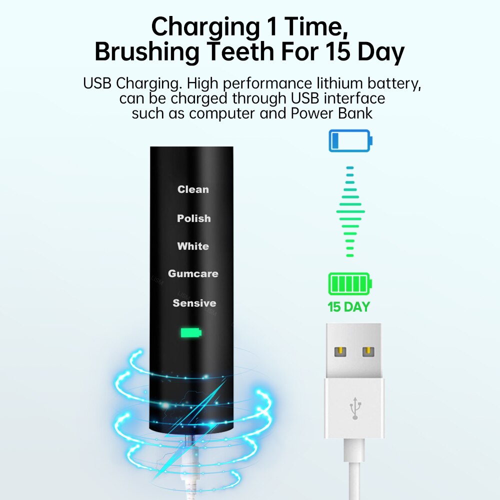 5 modus Smart Elektrische Zahnbürste Automatische Ultra sonic Sonic Zahnbürste Erwachsene IPX7 Wasserdichte USB Aufladbare Zähne Pinsel
