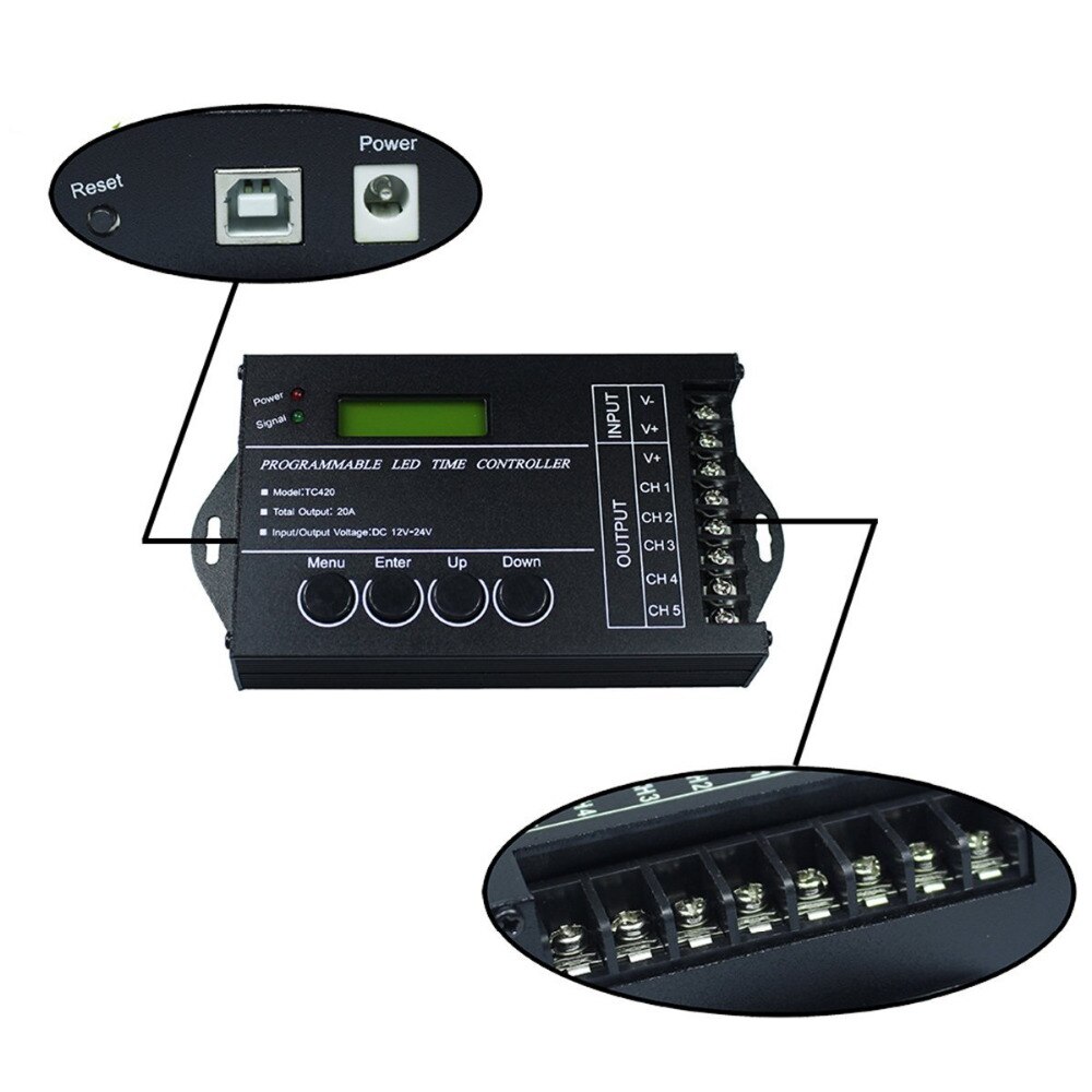 Controlador regulador LED RGB programable con tiempo de TC420 DC12V/24V 5 canales de salida Total 20A ánodo común programable