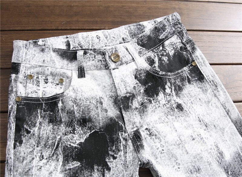 Heren jeans met print, punkstijl, gothic, zwart geverfd, dj club night, slim leg, coole witte jeans voor jonge mannen