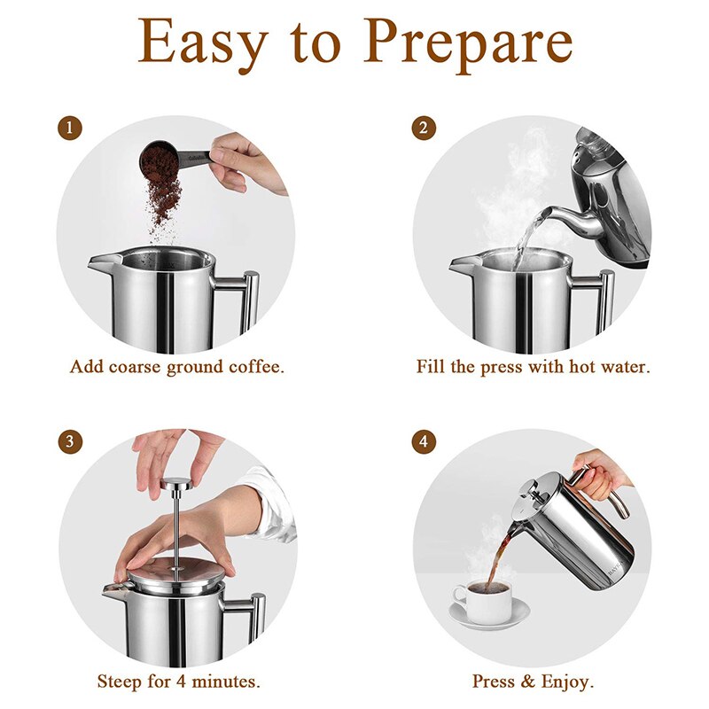 Praska francuska dzbanek robić kawy ze stali nierdzewnej, podwójna ściana i pojemniki robić kawy o dużej pojemności