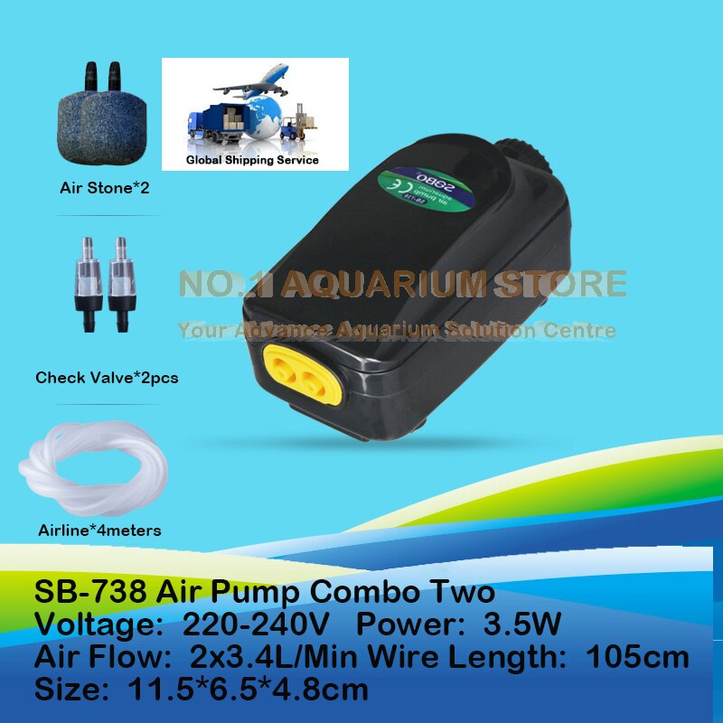 SOBO Silent Aquarium Air Pump Oxygen Pond Aerator Water Fish Tank SB-718 SB-738 3W/3.5W Authorized Dealer: SB-738 COMBO TWO / EU Plug Adapter
