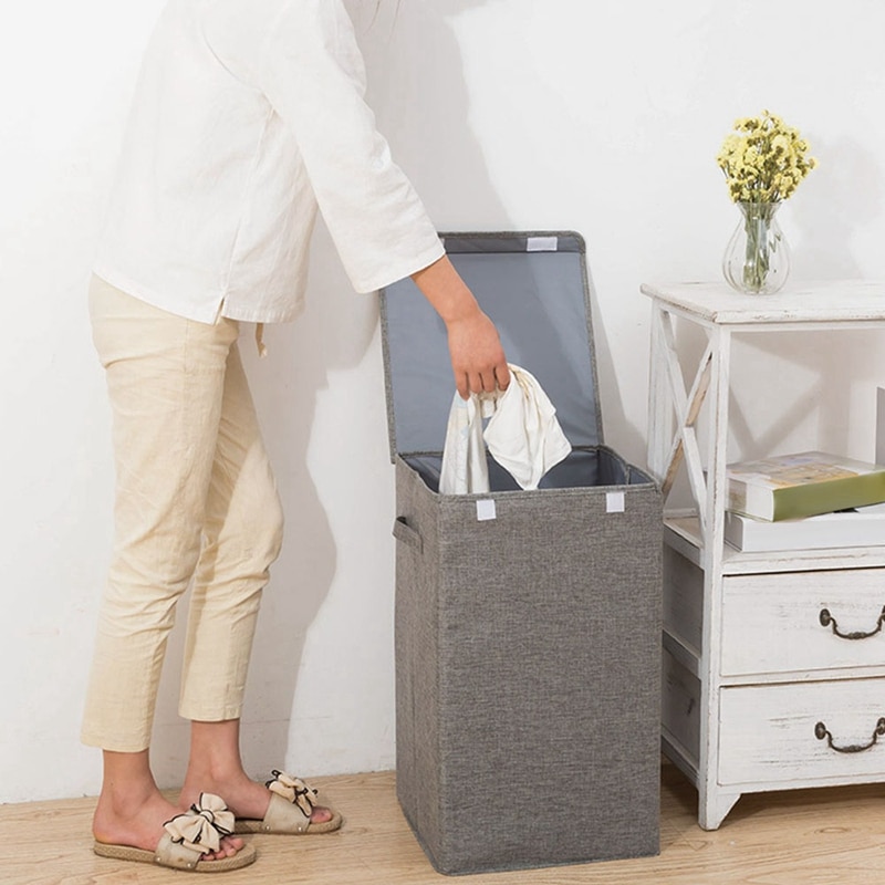 Cotton Laundry Basket with Cover Bathroom Laundry Basket Large Kitchen Storage Basket Home Collapsible Waterproof