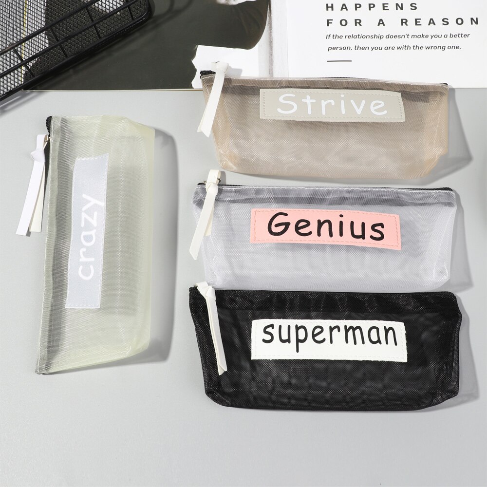 Transparent Mesh Pencil Bag Nylon Zipper Pencil Case School for Kids Girls Pen Storage Bag Office Supplies