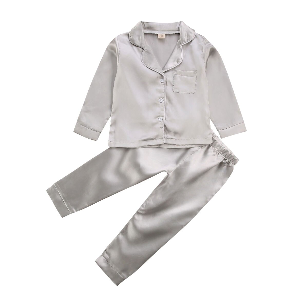 Småbørn baby dreng pige silke satin top bukser pyjamas lange ærmer solid button-down pyjamas satin sæt barn nattøj natkjole: Sølv / 6-7y