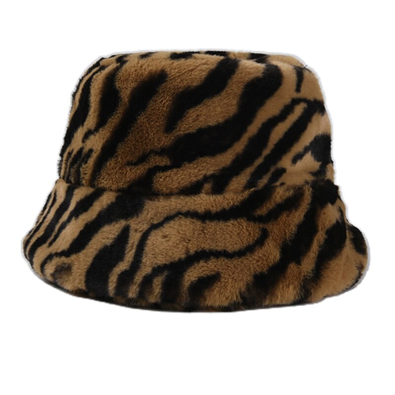 Dames vintage luipaard zebra print bucket hat winter fuzzy pluche visserspet 28gd